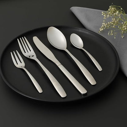 Front view of the 20-piece Russell Hobbs Florence silver stainless steel cutlery set neatly arranged on a white table setting.