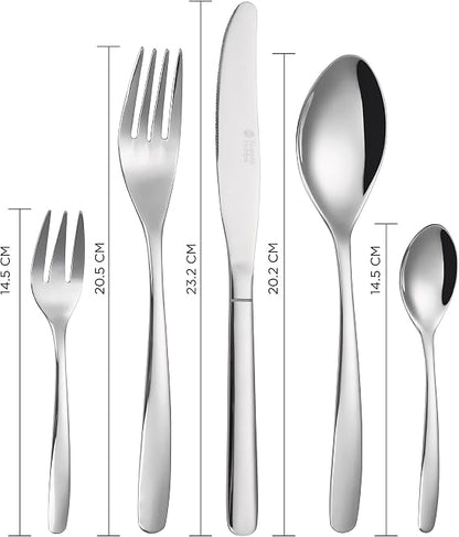 Front view of the 20-piece Russell Hobbs Florence silver stainless steel cutlery set neatly arranged on a white table setting.