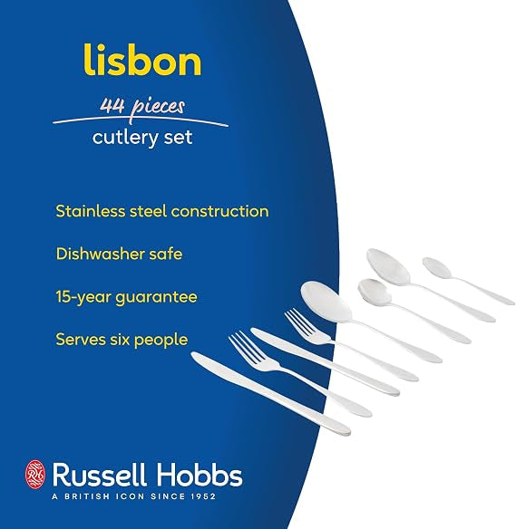 Top-down view of the 44-piece silver polished Russell Hobbs Lisbon stainless steel cutlery set arranged neatly on a dark wooden dining table setting.