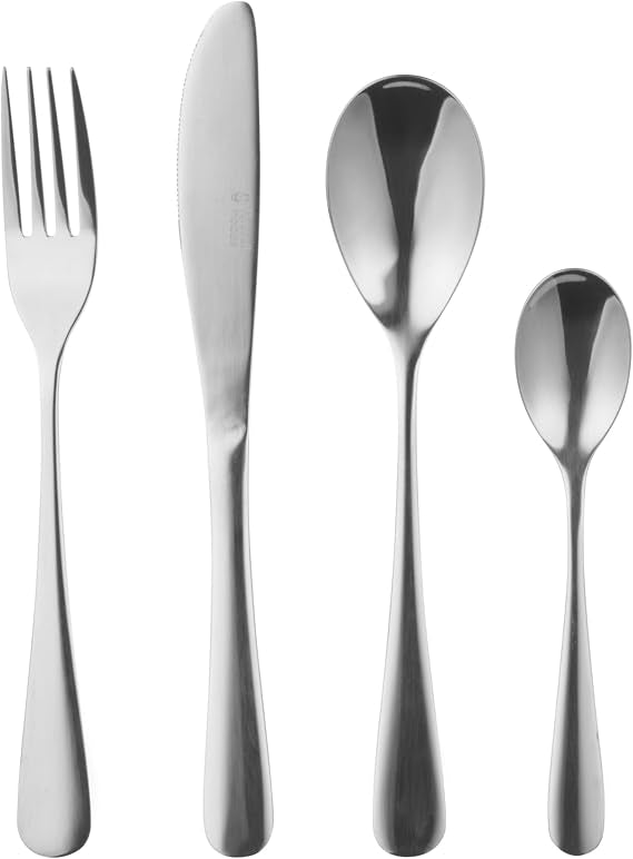 Front view of the 16-piece silver Russell Hobbs London stainless steel cutlery set arranged neatly on a wooden dining table.