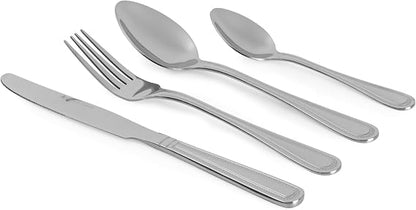 Top-down view of the silver polished Russell Hobbs Prague 24-piece cutlery set neatly arranged on a modern wooden dining table setting.