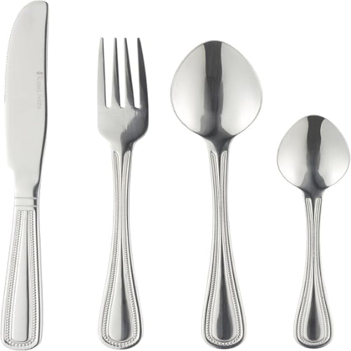 Top-down view of the silver polished Russell Hobbs Prague 24-piece cutlery set neatly arranged on a modern wooden dining table setting.