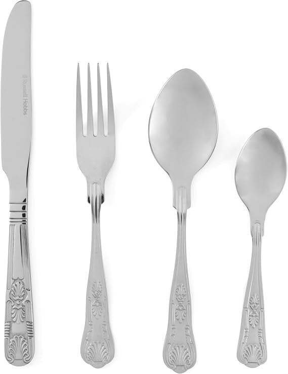 Russell Hobbs Verona 24 piece 18/10 stainless steel silver cutlery set including forks, knives, table spoons, and teaspoons displayed on a dining table.