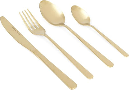 Top-down view of the 32-piece Russell Hobbs Vienna gold satin stainless steel cutlery set neatly arranged on a dark wooden table setting.