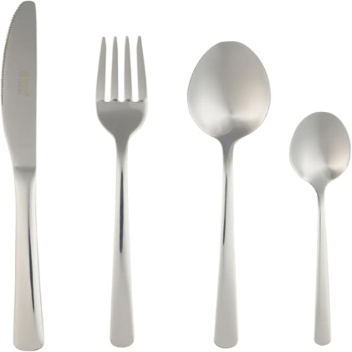 Top-down view of the 48-piece Russell Hobbs Vienna stainless steel cutlery set with a mirror polish finish arranged neatly on a wooden dining table.