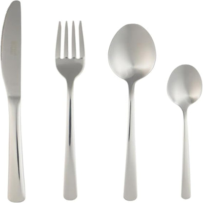 Top-down view of the 48-piece Russell Hobbs Vienna stainless steel cutlery set with a mirror polish finish arranged neatly on a wooden dining table.