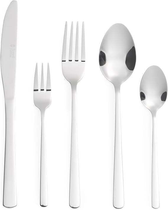 Russell Hobbs Vienna 60-piece silver mirror-polished stainless steel cutlery set arranged neatly on a dining table including knives, forks, and spoons.