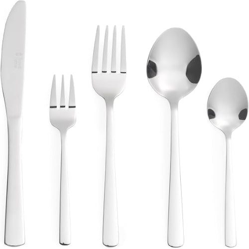Russell Hobbs Vienna 60-piece silver mirror-polished stainless steel cutlery set arranged neatly on a dining table including knives, forks, and spoons.