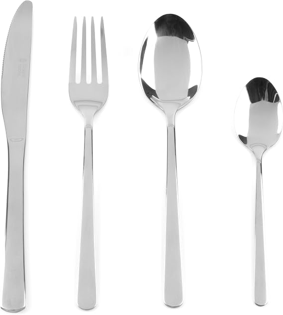 Top-down view of the 16-piece Russell Hobbs Vienna stainless steel cutlery set arranged neatly on a dark wooden dining table showcasing its mirror-polished reflective finish.