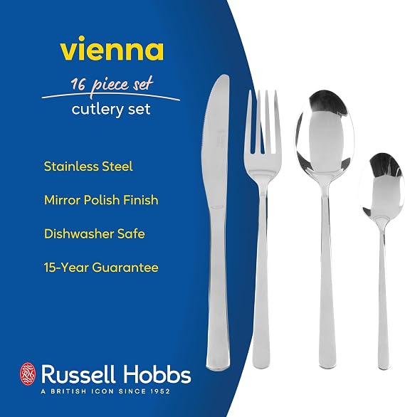 Top-down view of the 16-piece Russell Hobbs Vienna stainless steel cutlery set arranged neatly on a dark wooden dining table showcasing its mirror-polished reflective finish.