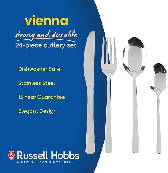 Silver Russell Hobbs Vienna 24-piece stainless steel cutlery set with mirror finish arranged neatly on a dining table.
