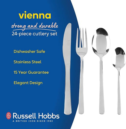 Silver Russell Hobbs Vienna 24-piece stainless steel cutlery set with mirror finish arranged neatly on a dining table.