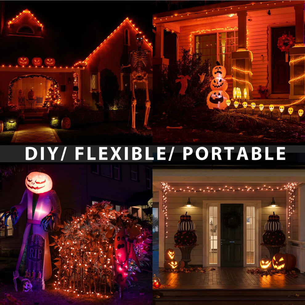 A 5-meter string of 50 orange LED fairy lights glowing warmly across an indoor autumn wreath and fireplace mantel.