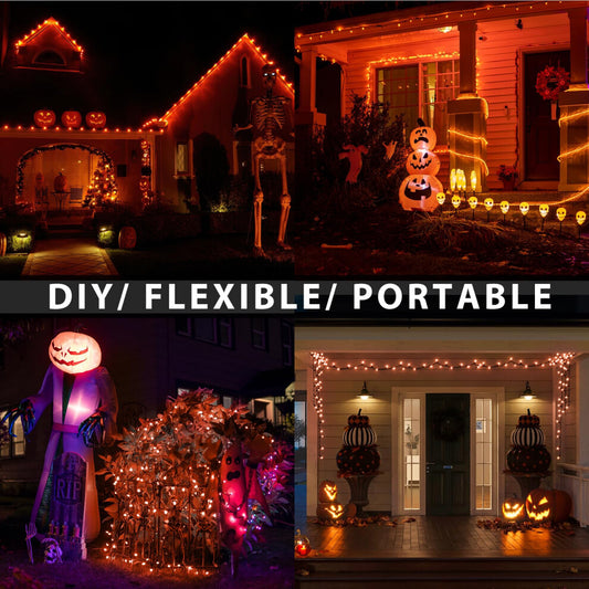 A 5-meter string of 50 orange LED fairy lights glowing warmly across an indoor autumn wreath and fireplace mantel.