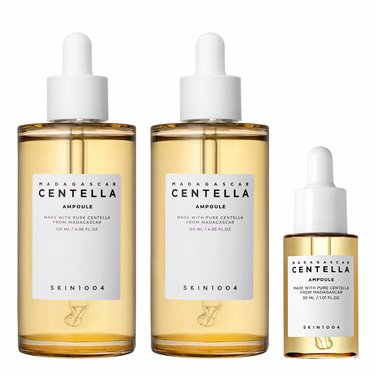 SKIN 1004 Madagascar Centella Ampoule collection, featuring two 120ml bottles and one 30ml bottle, presented against a clean, minimalist background.