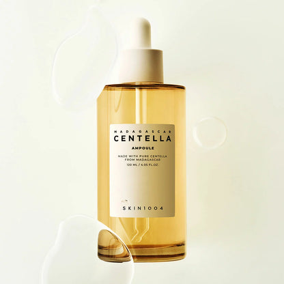 SKIN 1004 Madagascar Centella Ampoule collection, featuring two 120ml bottles and one 30ml bottle, presented against a clean, minimalist background.