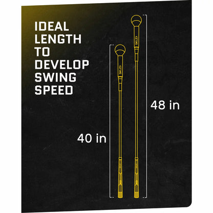 Black and yellow SKLZ Gold Flex Golf Swing Trainer with a weighted ball head and flexible fiberglass shaft, leaning against a green golf turf background.