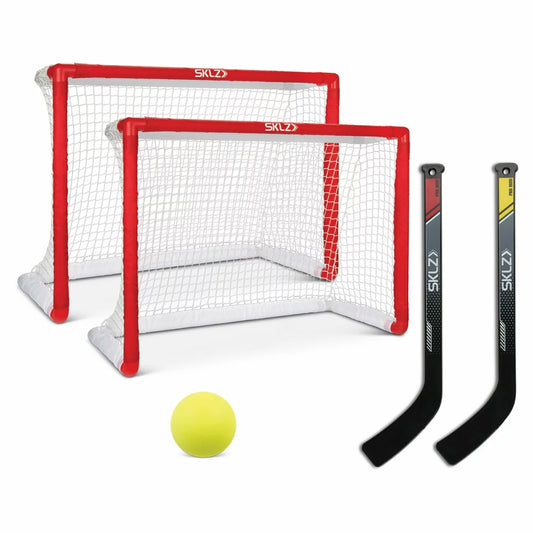 Mini hockey training set with sticks, goal, and foam ball. Indoor sports game for skill practice, coordination, and family fun.
