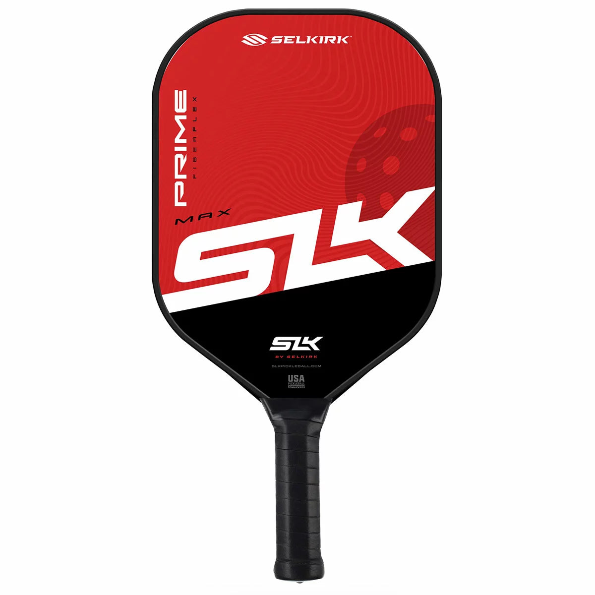 A close-up studio shot of two SLK Prime Max pickleball paddles in red and blue finishes, resting alongside three high-durability yellow pickleball balls and a black protective sling bag.