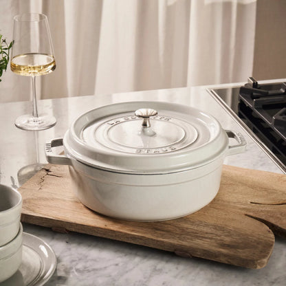 STAUB Shallow Cocotte 26cm 3.7L White Truffle enamelled cast iron casserole dish with self-basting lid