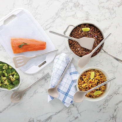 Top-down view of the 6-piece Sabatier silicone utensil set laid out on a dark granite kitchen countertop.