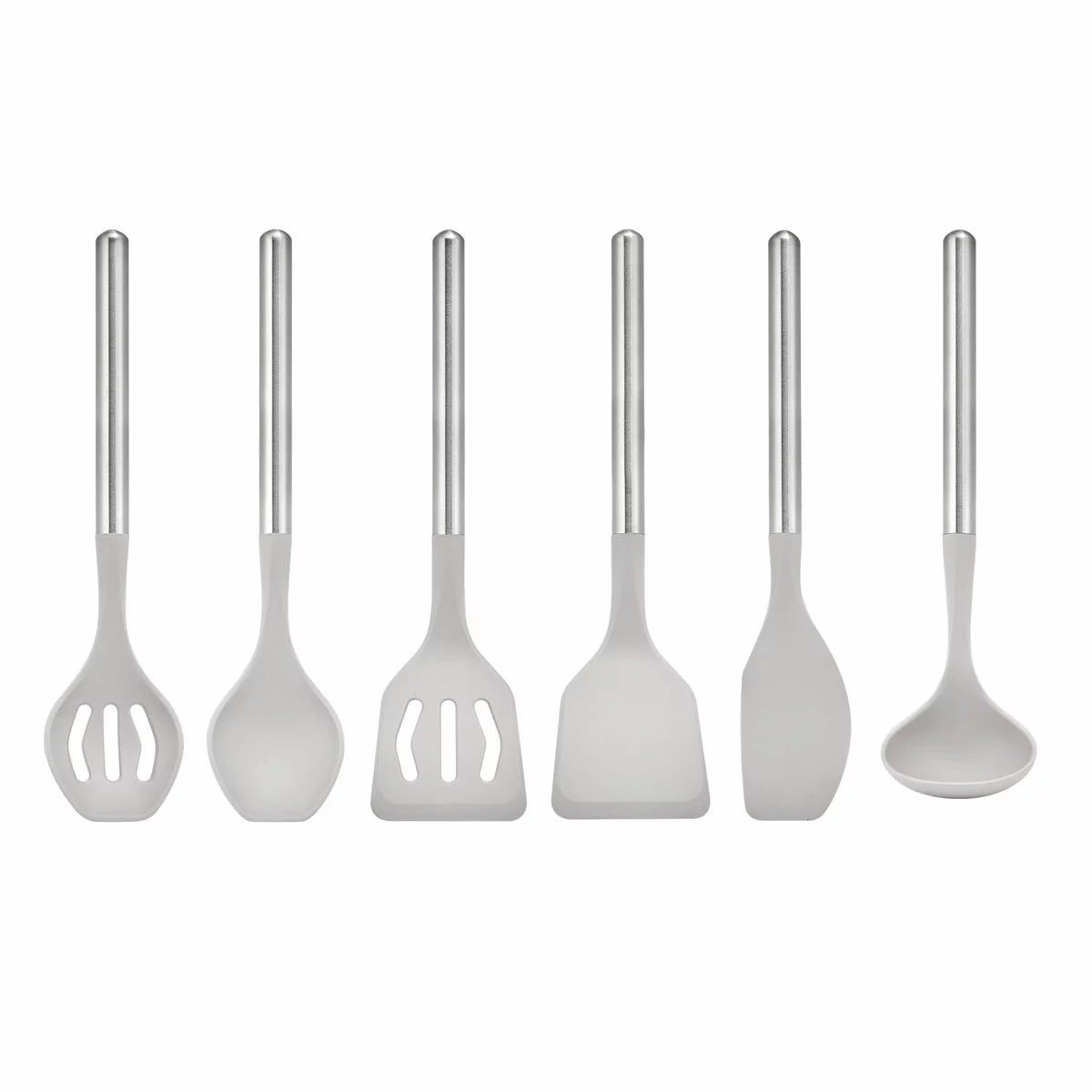 Top-down view of the 6-piece Sabatier silicone utensil set laid out on a dark granite kitchen countertop.