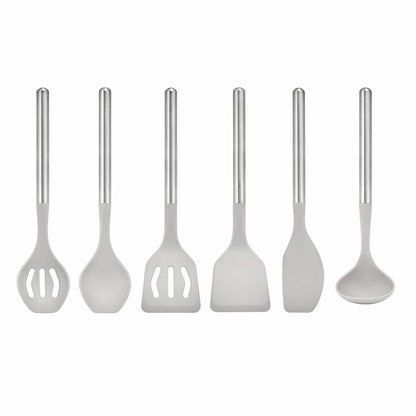 Top-down view of the 6-piece Sabatier silicone utensil set laid out on a dark granite kitchen countertop.