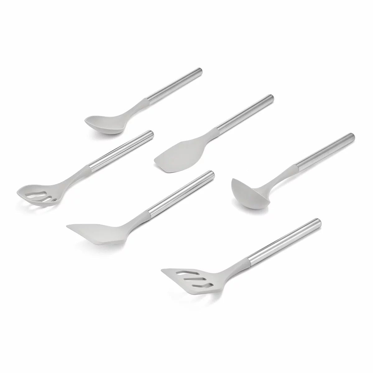 Top-down view of the 6-piece Sabatier silicone utensil set laid out on a dark granite kitchen countertop.