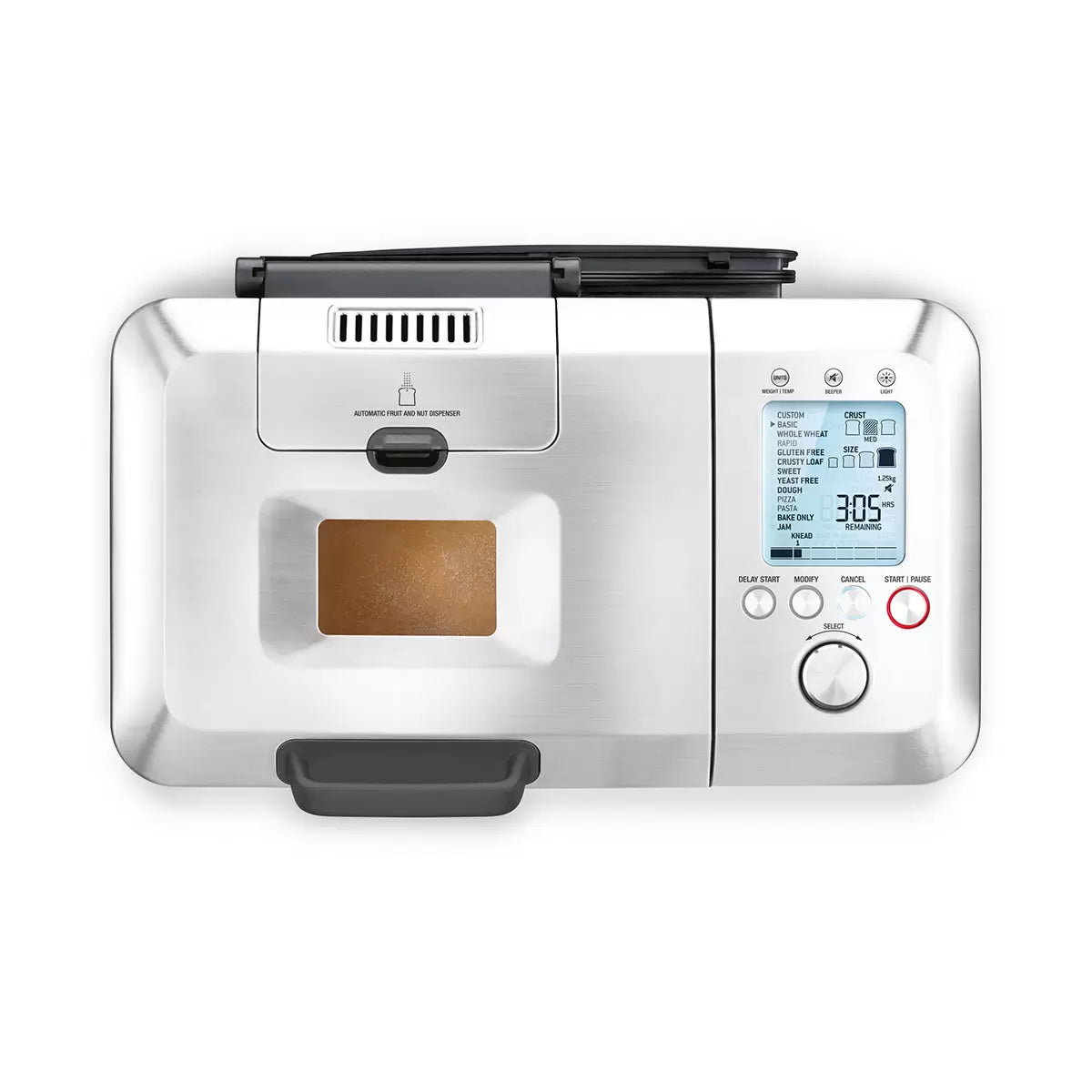 Stainless steel Sage Custom Loaf Pro breadmaker BBM800BSS sitting on a modern kitchen counter with a freshly sliced loaf of golden bread beside it.