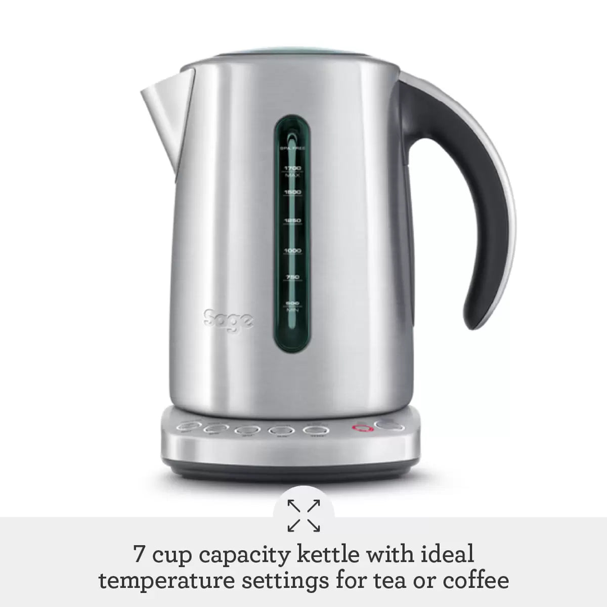 The stainless-steel Sage Smart Kettle Luxe with its backlit LCD display and ergonomic handle, shown on a clean kitchen countertop.