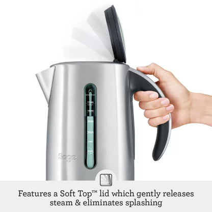 The stainless-steel Sage Smart Kettle Luxe with its backlit LCD display and ergonomic handle, shown on a clean kitchen countertop.