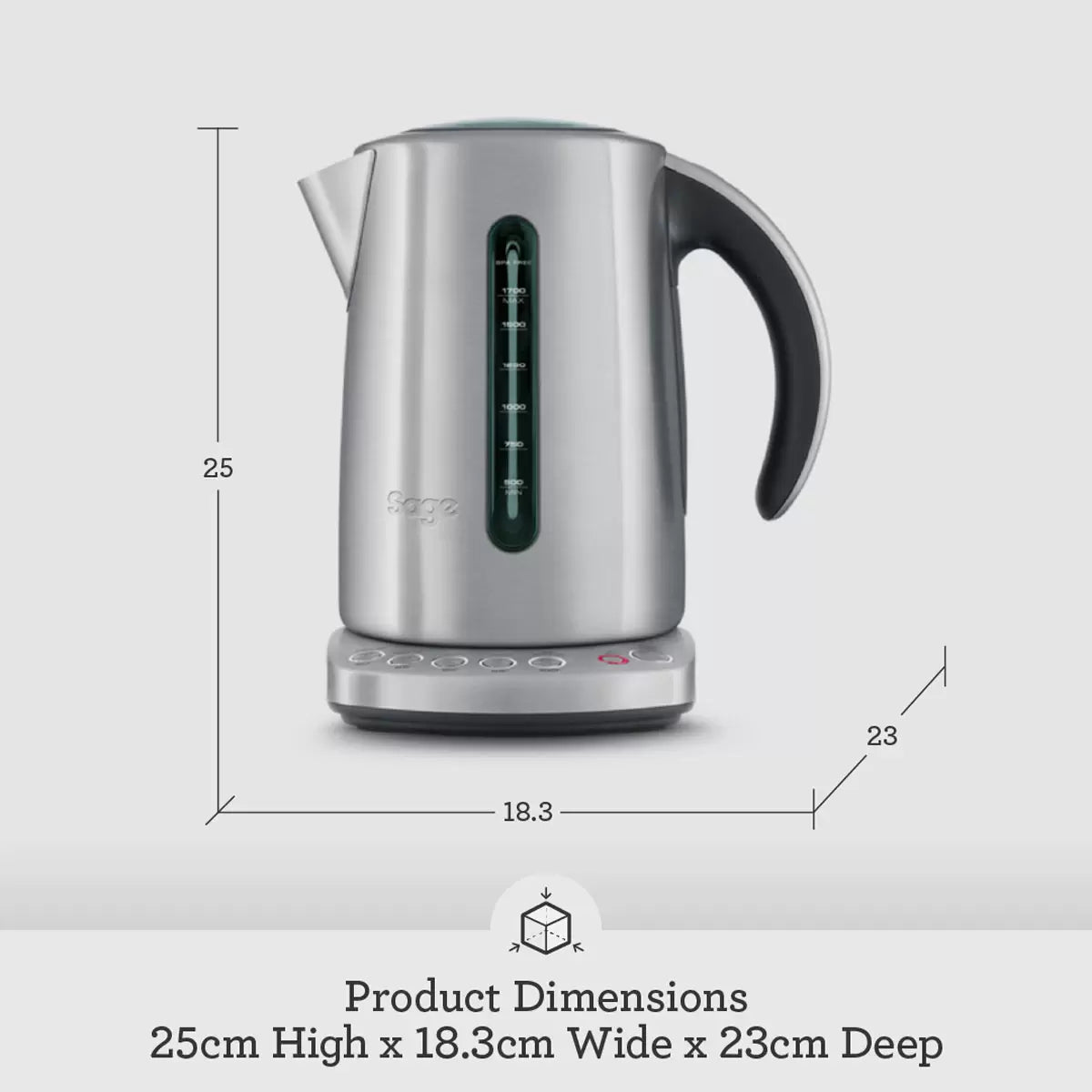 The stainless-steel Sage Smart Kettle Luxe with its backlit LCD display and ergonomic handle, shown on a clean kitchen countertop.