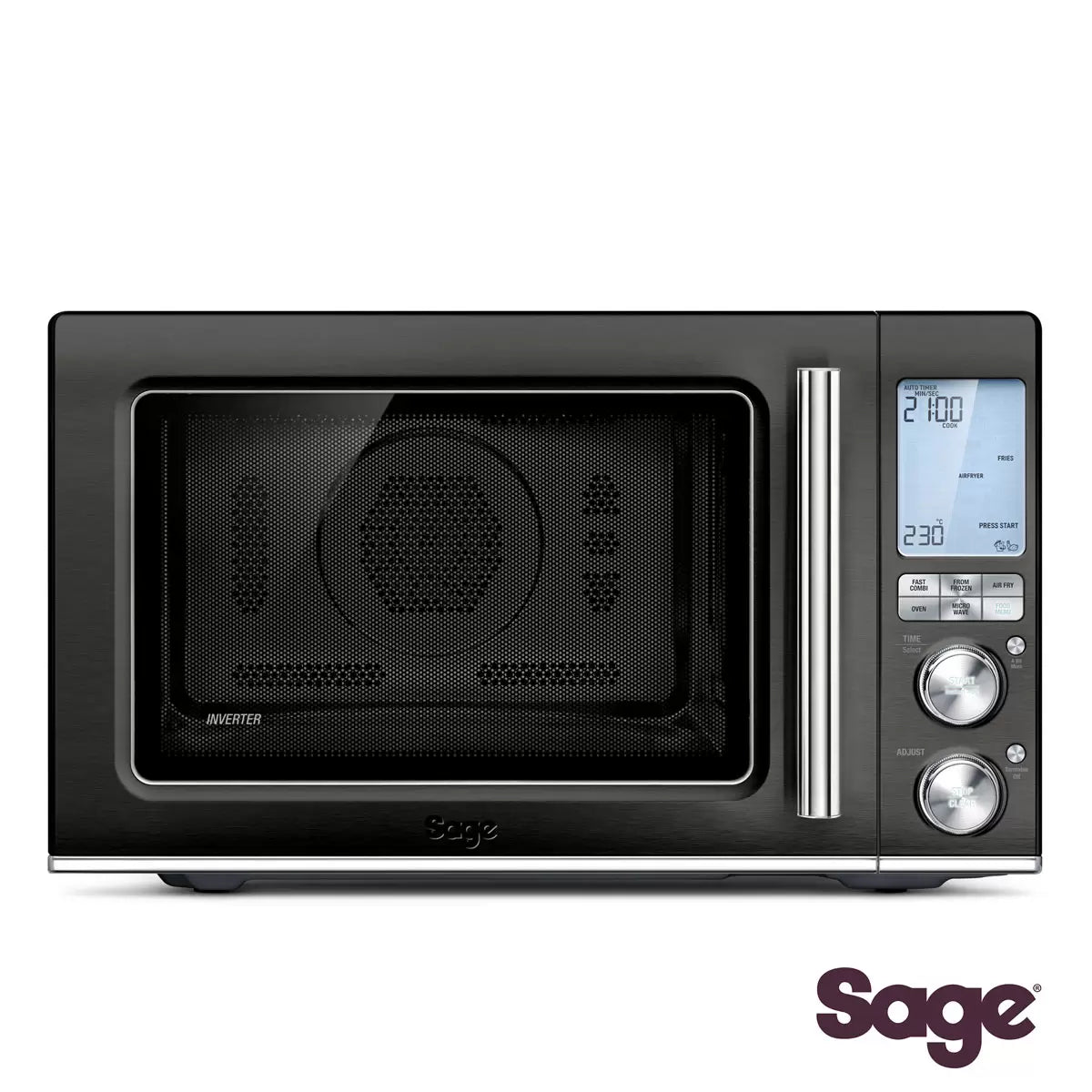 Sage 32 Litre 1100W Combi Wave 3 in 1 Microwave in black stainless steel with microwave, air fryer, and convection oven functions.