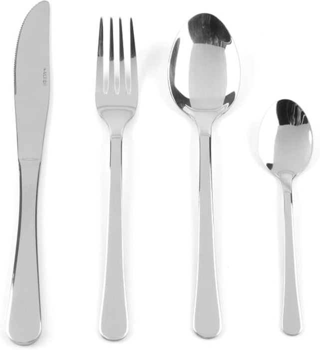 Silver Salter Bakewell 24 piece mirror polished stainless steel cutlery set arranged on a formal dinner table setting.