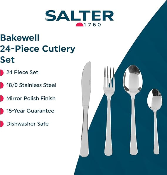 Silver Salter Bakewell 24 piece mirror polished stainless steel cutlery set arranged on a formal dinner table setting.