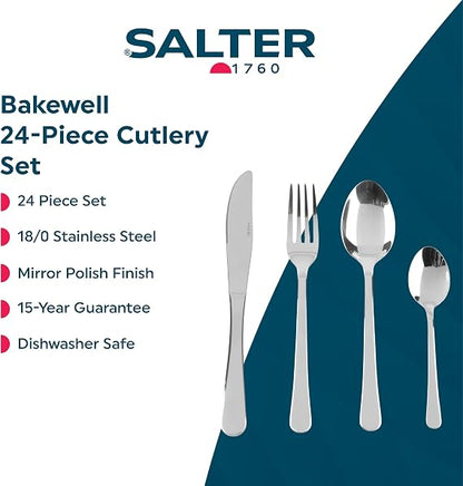 Silver Salter Bakewell 24 piece mirror polished stainless steel cutlery set arranged on a formal dinner table setting.