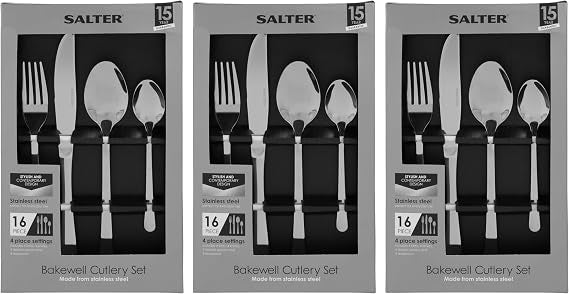 Overhead view of the silver Salter Bakewell 48-piece stainless steel cutlery set arranged neatly on a dark wooden table setting.