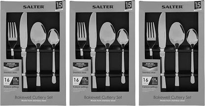 Overhead view of the silver Salter Bakewell 48-piece stainless steel cutlery set arranged neatly on a dark wooden table setting.
