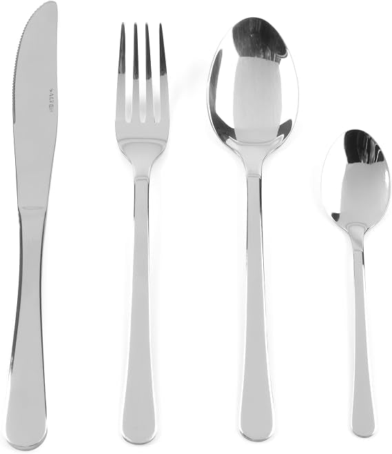 Overhead view of the silver Salter Bakewell 48-piece stainless steel cutlery set arranged neatly on a dark wooden table setting.