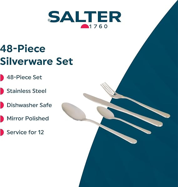 Overhead view of the silver Salter Bakewell 48-piece stainless steel cutlery set arranged neatly on a dark wooden table setting.
