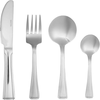 Salter Buxton 16-piece mirror-polished silver stainless steel cutlery set arranged neatly on a dark wooden table setting.