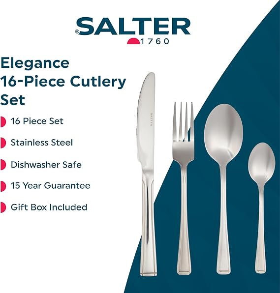Salter Buxton 16-piece mirror-polished silver stainless steel cutlery set arranged neatly on a dark wooden table setting.