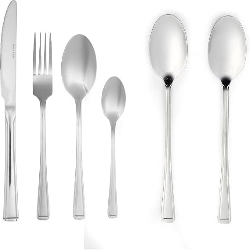 Overhead view of the silver Salter Buxton 20-piece stainless steel cutlery set arranged on a modern dark wood dining table setup.