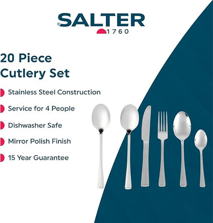 Overhead view of the silver Salter Buxton 20-piece stainless steel cutlery set arranged on a modern dark wood dining table setup.