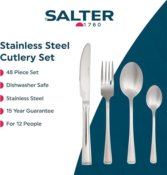 Silver polished Salter Buxton 48 piece stainless steel cutlery set arranged neatly on a dark wooden table.
