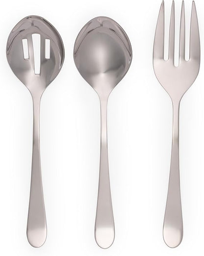 Salter Dalton three piece mirror polished stainless steel serving set featuring a solid spoon, slotted spoon, and fork laid out on a dark wooden dining table.
