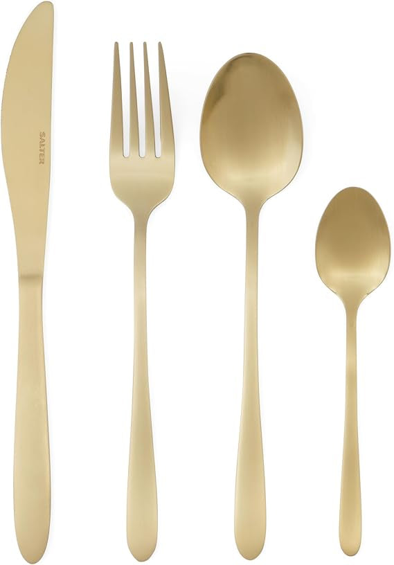 Salter Chiltern 16-piece brushed gold stainless steel cutlery set arranged on a modern dark wood dining table setup.