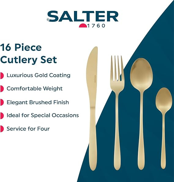 Salter Chiltern 16-piece brushed gold stainless steel cutlery set arranged on a modern dark wood dining table setup.