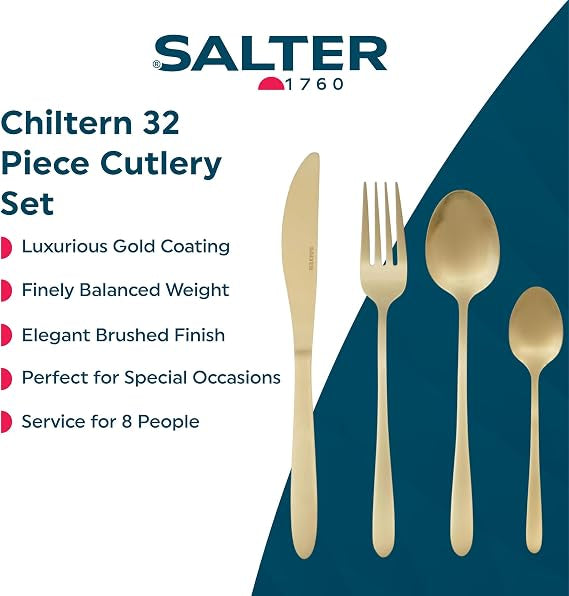 Close-up of Salter Chiltern 32-piece brushed gold stainless steel cutlery set arranged neatly on a dark slate dining table.