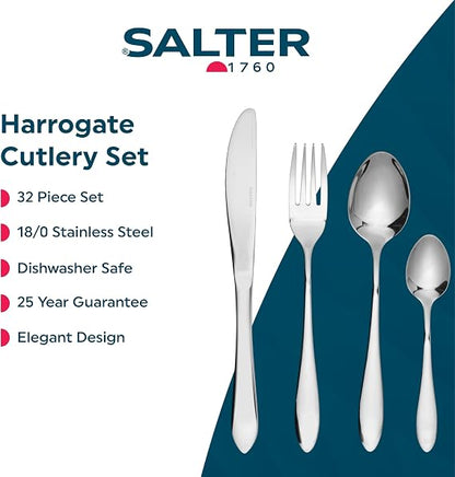 Salter Harrogate 32-piece polished silver stainless steel cutlery set arranged neatly for eight place settings on a wooden dining table.